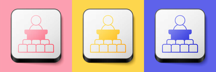 Isometric Speaker icon isolated on pink, yellow and blue background. Orator speaking from tribune. Public speech. Person on podium. Square button. Vector