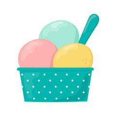 Colorful scoops of ice cream. Can be used for poster, print, cards and clothes decoration, for food design and ice cream shop logo.