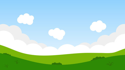 landscape cartoon scene with green hills and white cloud in summer blue sky background