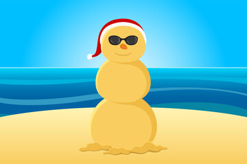 Sand snowman on beach. Vector illustration.