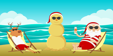 Santa, reindeer and sand snowman. Vector illustration.