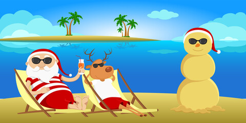 Santa, reindeer and sand snowman on beach. Vector illustration.