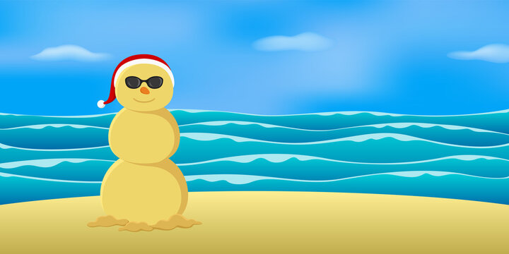 Sand snowman on beach. Vector illustration.