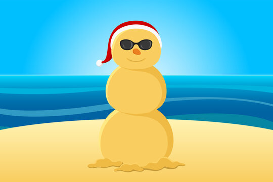 Sand Snowman On Beach. Vector Illustration.
