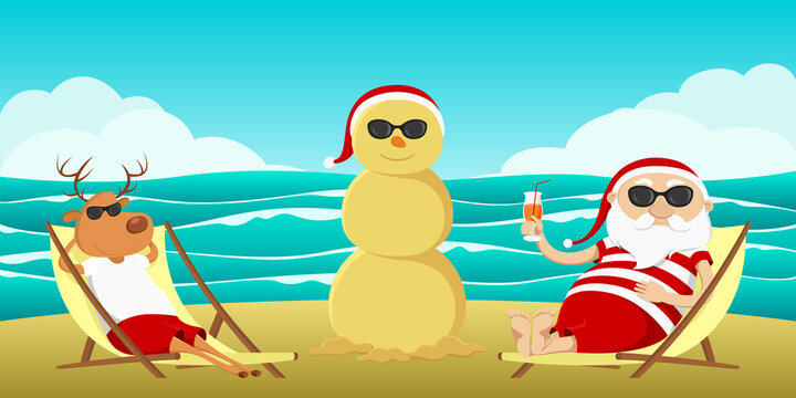 Santa, Reindeer And Sand Snowman. Vector Illustration.