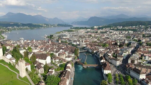 Flight over Reuss river in Lucerne downtown, Switzerland