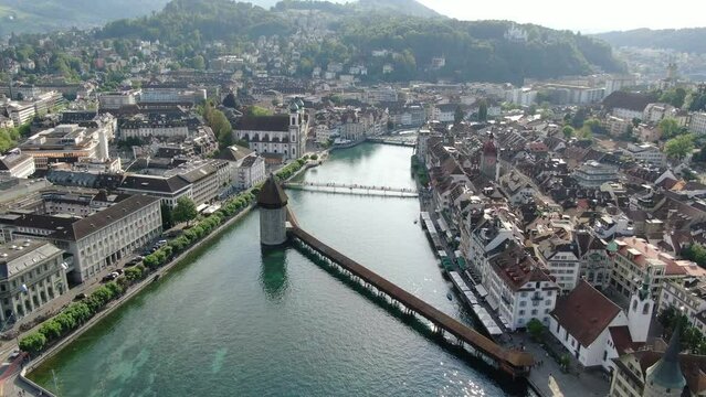 Drone over Lucerne old town, Switzerland