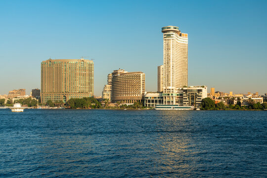 Egypt, Cairo,River Nile with skyline of Garden City district in background
