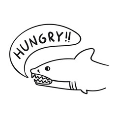 Shark and phrase - hungry. Vector outline illustration on white background.