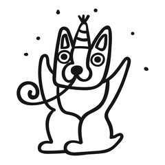 Happy dog celebrating birthday. Vector outline icon.