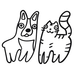 Cat and dog. Funny animals. Outline vector icon.