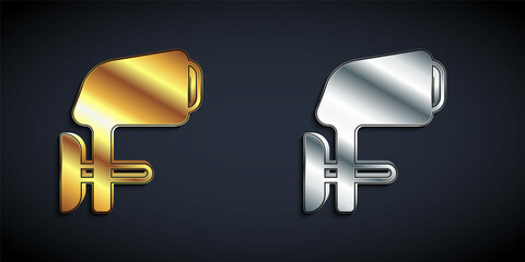 Gold and silver Outboard boat motor icon isolated on black background. Boat engine. Long shadow style. Vector