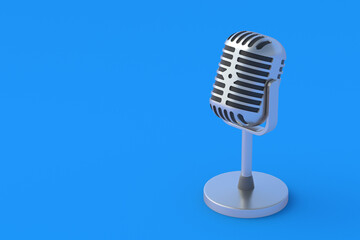 Vintage microphone on blue background. Radio broadcast. Online streaming. Declaration of information. Musical concert. Song recording. Karaoke bar. Copy space. 3d render