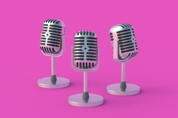 Vintage metallic microphones on pink background. Radio broadcast. Online streaming. Declaration of information. Musical concert. Song recording. Karaoke bar. 3d render