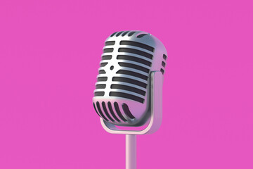 Vintage metallic microphone on pink background. Radio broadcast. Online streaming. Declaration of information. Musical concert. Song recording. Karaoke bar. 3d render