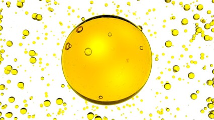 3d oil bubbles isolated. Golden yellow oil liquid drops on empty white background. 