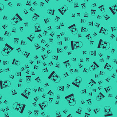 Obraz premium Black Ringing alarm bell icon isolated seamless pattern on green background. Fire alarm system. Service bell, handbell sign, notification symbol. Vector