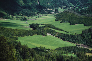 Panorama of San Miguel Island meadows, Azores Archipelago, Portugal. - obrazy, fototapety, plakaty