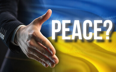 Peace proposal. Politician holds out his hand for a handshake against the background of the flag of Ukraine.