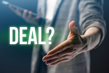 Deal offer. Businessman holds out his hand for a handshake