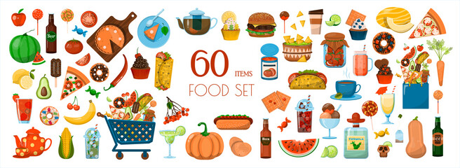 Vector big Food set. Flat icons set. Menu Restaurant, carts, sale, ads. Cartoon illustration of healthy food, fast food, mexican, fruits, vegetables. Logotype Symbol Design