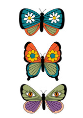 set of isolated retro groovy butterfly