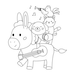 Coloring page Bremen town musicians. Kawaii animals with musical instruments. Cartoon donkey, dog, cat and rooster. Fairy tale for children. Vector illustration for coloring book.