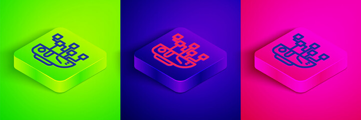 Isometric line Humanoid robot icon isolated on green, blue and pink background. Artificial intelligence, machine learning, cloud computing. Square button. Vector