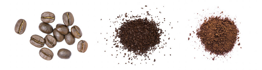 Pile of roasted coffee beans and coffee powder (ground coffe) isolated on white background. Top view. Flat lay.