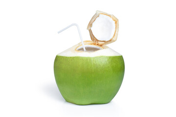 Coconut water with straw on white isolated background 