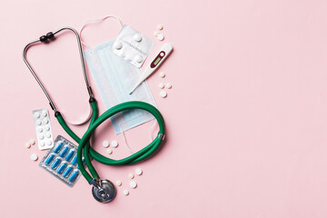 Medical background. Many different various medicine tablets or pills on the table with stethoscope. Close up. Healthcare pharmacy and medicine concept - obrazy, fototapety, plakaty