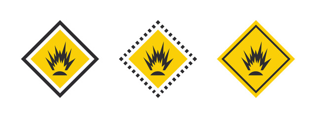 Explosion flash warning signs. Caution warning sign explosives liquids or materials. Explosives substances icons set. Vector icons - obrazy, fototapety, plakaty