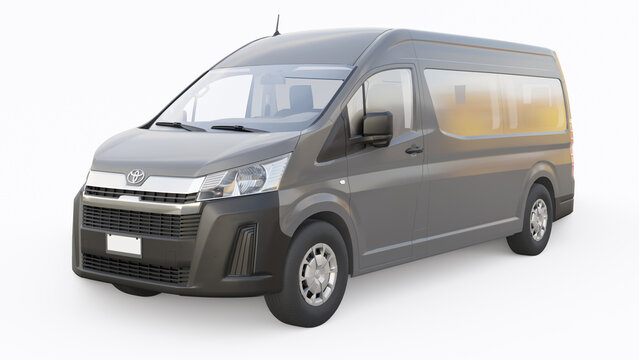 Tokyo, Japan. April 10, 2022: Toyota Hiace. passenger minibus for transporting people in the city and beyond. on a white isolated background. 3d illustration