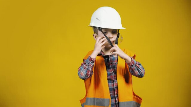 Portrait of a little boy-builder putting a helmet on his head on a yellow background. Children as adults