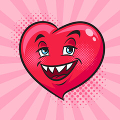 Naklejka premium Cartoon heart with demonic funny smile pop art retro raster illustration. Comic book style imitation.