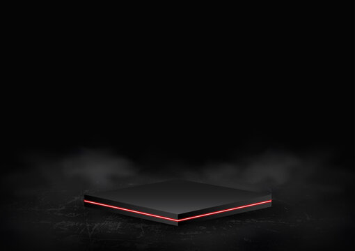 Modern red neon pedestal scene for product display on black background vector illustration.