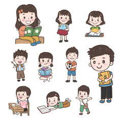 set of young kid student character learning illustration