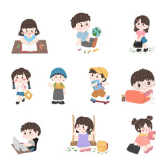 set of young kid student character learning illustration 