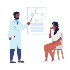 Doctor conducting vision exam semi flat color vector characters. Posing figures. Full body people on white. Simple cartoon style illustration for web graphic design and animation. Comfortaa font used