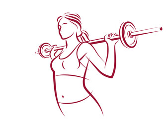 Young attractive woman with perfect muscular body training with a barbell vector illustration isolated, sport exercises active lifestyle.