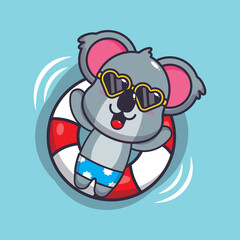 Cute koala cartoon mascot character in sunglasses swim in beach on buoy