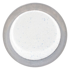 Washing powder in a container top view.The background is white washing powder.Washing powder in a bucket on a white background.