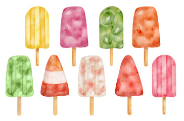 Watercolor fruit popsicle illustration set. Hand drawn colorful red, yellow and green ice cream pops isolated on white background. Summer frozen dessert on stick. Kiwi paleta, berry ice lolly sketch