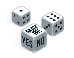 Yes or no or maybe dice rolling chance vector illustration, make a decision and say concept, undecided question idea.