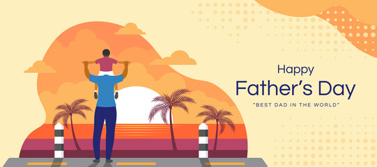Fröhlicher Vatertag Der Sohn reitet auf dem Hals seines Vaters und blickt auf den Sonnenuntergang am Strandvektordesign