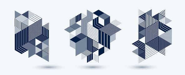 Abstract polygonal backgrounds with stripy triangles and 3D cubes vector designs set. Templates for different advertising or covers or banners. Retro style graphic elements.