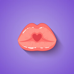 Sexy pink pout lips, female beautiful close mouth with red heart, Illustration in the cartoon style