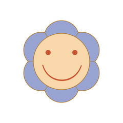 Boho groovy flower smile isolated on white background. Retro flower for pastel hippie design. Vector illustration.