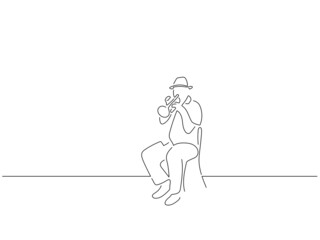 Trumpet player in line art drawing style. Composition of a musician playing. Black linear sketch isolated on white background. Vector illustration design.