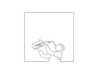 Sax player in line art drawing style. Composition of a musician playing. Black linear sketch isolated on white background. Vector illustration design.